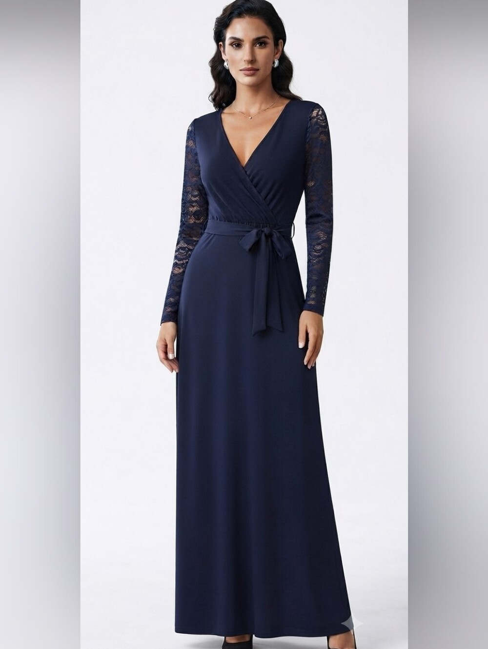 Surplice Lace Sleeve Maxi Dress in Navy